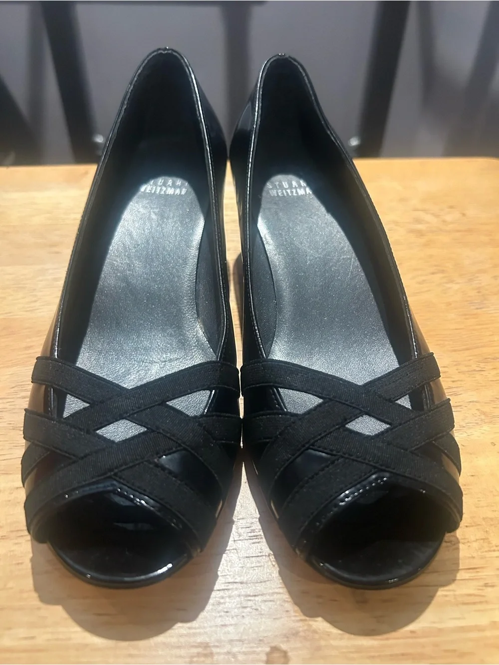 Stuart Weitzman Black Patent Leather Women's Crisscross Peep-Toe Pumps